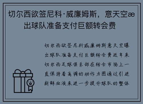 切尔西欲签尼科·威廉姆斯，意天空曝出球队准备支付巨额转会费