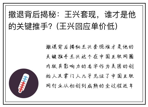 撤退背后揭秘：王兴套现，谁才是他的关键推手？(王兴回应单价低)