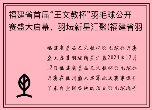 福建省首届“王文教杯”羽毛球公开赛盛大启幕，羽坛新星汇聚(福建省羽毛球比赛2020)