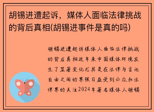 胡锡进遭起诉，媒体人面临法律挑战的背后真相(胡锡进事件是真的吗)