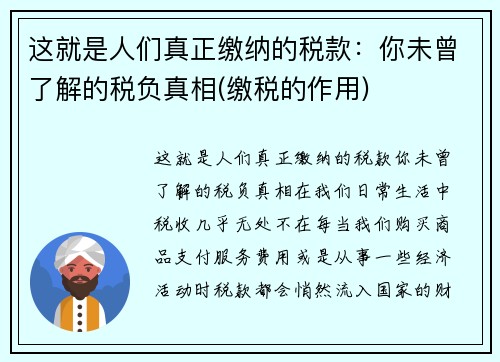这就是人们真正缴纳的税款：你未曾了解的税负真相(缴税的作用)