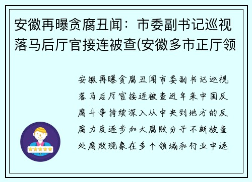 安徽再曝贪腐丑闻：市委副书记巡视落马后厅官接连被查(安徽多市正厅领导调整)