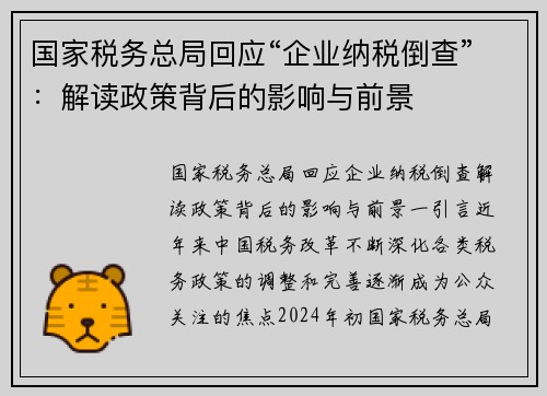 国家税务总局回应“企业纳税倒查”：解读政策背后的影响与前景